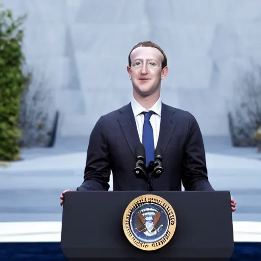 Prompt: mark zuckerberg as the president of the united states wearing a suit standing at the presidential podium