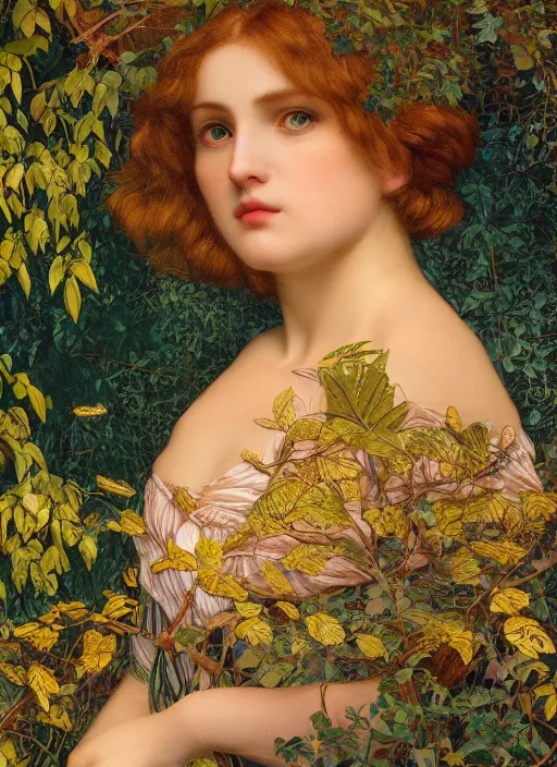 Image similar to masterpiece beautiful seductive flowing curves preraphaelite face portrait amongst leaves, extreme close up shot, straight bangs, thick set features, yellow ochre ornate medieval dress, magpie, amongst foliage mushroom forest circle arch framing, kilian eng and frederic leighton and rosetti, 4 k