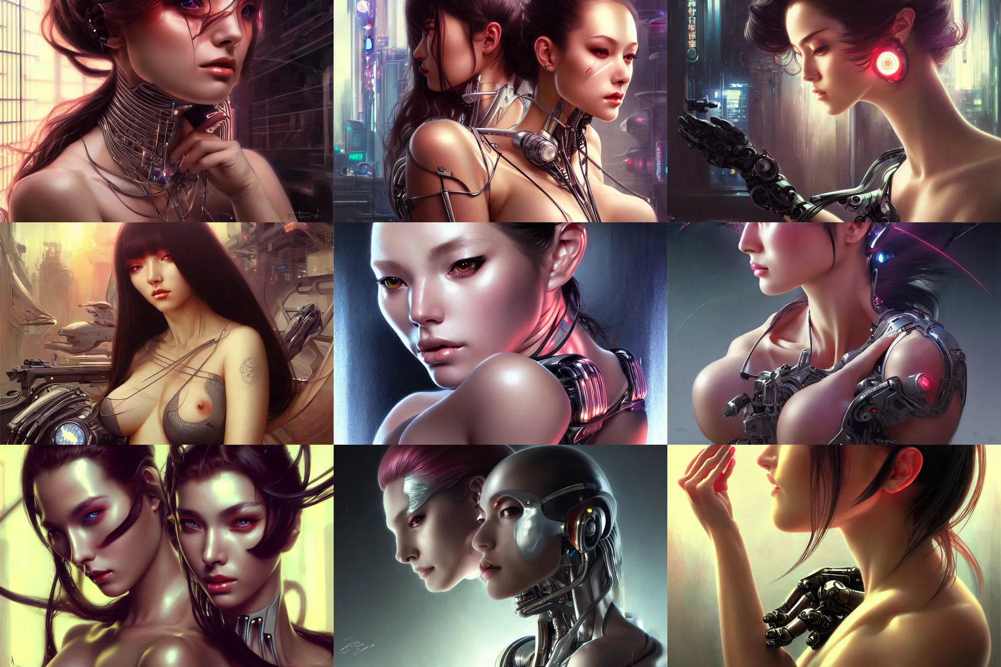 Prompt: ultra realistic illustration, beautiful alluring cyborgs on display in science fiction tokyo redlight district, gorgeous face, smooth skin, pinup body, cyberpunk, sci - fi, fantasy, intricate, elegant, highly detailed, digital painting, artstation, concept art, smooth, sharp focus, beautiful art by artgerm and greg rutkowski and alphonse mucha