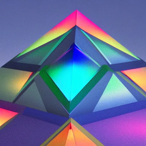 Prompt: multi - colored, iridescent pyramid. backlit by spotlight, hyperrealistic, 8 k render ; redshift render, volumetric lighting, cinematic composition, roygbiv