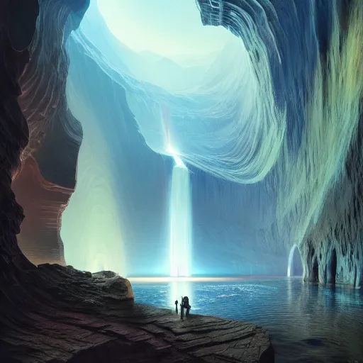 Image similar to light is mine to travel,beyond time ,the cathedrals in a canyon grotto of life the beginning , geological strata,ground mist, falling water,pools of water, by Sparth and Greg Rutkowski, hypermaximalist,micro details, 3d sculpture,,digital rendering,octane render , 4k, artstation, concept art , f22,deep depth of field,photographic, wide angle,cinematic lighting