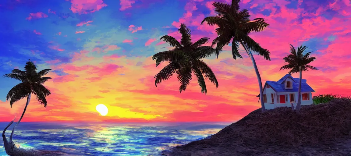 Image similar to small house on a tiny island in the middle of the ocean, sandy beach surrounding the island, (((colorful clouds))), sunset, palm trees, digital art, artstation