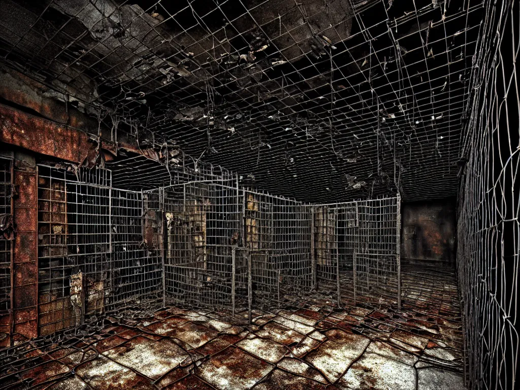 Prompt: An underground very gloomy multi-layered structure of rusty thick iron grids, dense chain-link fencing and peeling walls with multiple floors. Inside view, collapsed floors, bent rusted iron, masterpiece, macabre, black background, layers, corners, cinematic, hyperdetailed, photorealistic, hyperrealism, octane rendering, 8k, depth of field, bokeh, architecture, shadows, art by Zdzisław Beksiński, Arthur Rackham, Dariusz Zawadzki