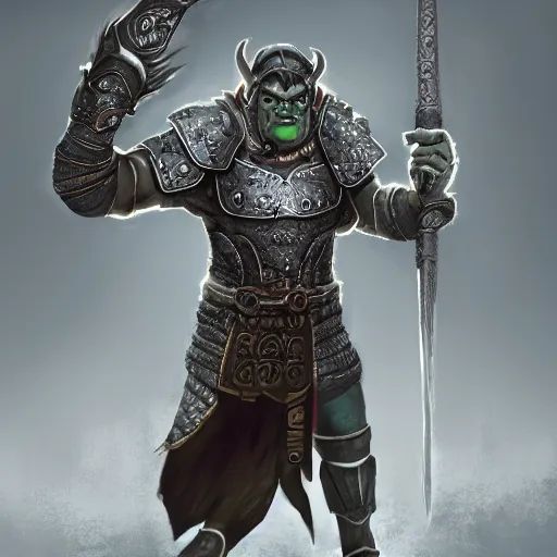 Image similar to full body portrait of half orc cleric, dungeons and dragons, male, wearing eye shadow, ornate armor, shallow depth of field, highly detailed, dslr, volumetric lighting, dynamic pose, ultrarealism, hyperrealism, highly textured