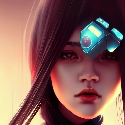 Prompt: portrait of beautiful girl with robot body by ilya kuvshinov, close up, portrait, cinematic, elegant, artstation, intricate, highly detailed, digital painting, artstation, concept art, sharp focus, illustration, cyberpunk, cgsociety, 8 k