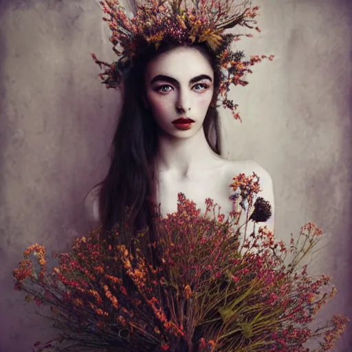 Image similar to fine art photo of the beauty goddess yael shelbia, she has a crown of dried flowers, by oleg oprisco