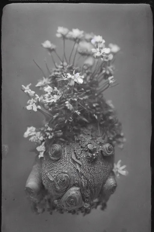 Image similar to tardigrade!!! daguerreotype portrait photograph. lots of flowers around the tardigrade. ansel adams. highly detailed. old timey.