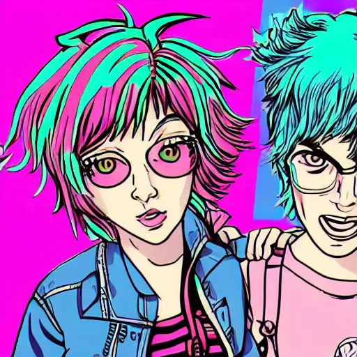 Image similar to vaporwave ramona flowers and scott pilgrim, distorted, warped, varying angles, varying locations, grid,