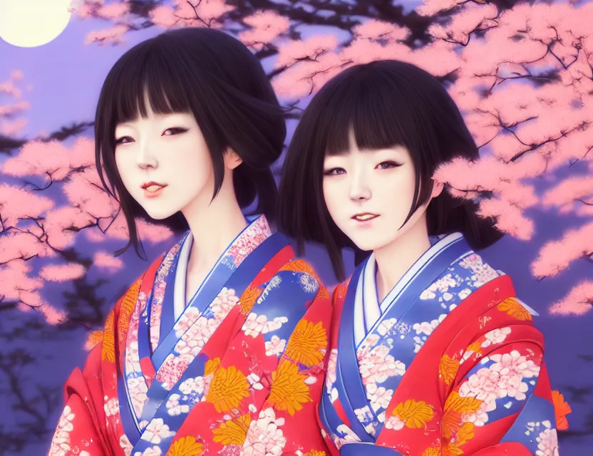 Image similar to two beautiful charming japan girls wear arty kimono in festival | | sunny night, full moon, dreamlike art, realistic shaded, smile, good looking, hyper details, 4 k realistic, cryengine, realistic shaded lighting poster by ilya kuvshinov, fuji choko, ross tran, 8 k resolution, trending on artstation, luxury