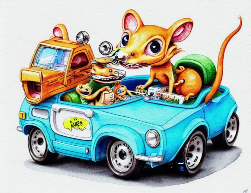 Prompt: cute and funny, weasel riding in a tiny hot rod with oversized engine, ratfink style by ed roth, centered award winning watercolor pen illustration, isometric illustration by chihiro iwasaki, edited by range murata, tiny details by artgerm and watercolor girl, symmetrically isometrically centered