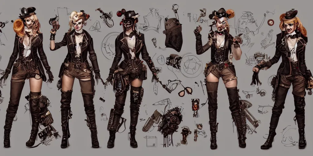 Image similar to steampunk harley quinn, character sheet, concept design, contrast, kim jung gi, greg rutkowski, zabrocki, karlkka, jayison devadas, trending on artstation, 8 k, ultra wide angle, pincushion lens effect