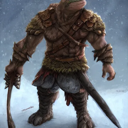 Image similar to anthropomorphic turtle barbarian humanoid, carapace, frank frazzeta, blizzard, winter, night, furs, fantasy