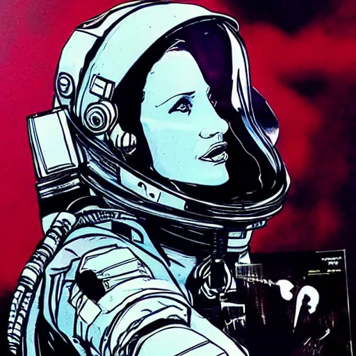 Image similar to portrait of Jessica Chastain as an astronaut character in the style of Death Stranding by Yoji Shinkawa and Ashley Wood