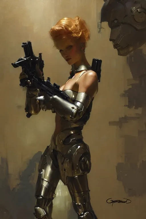 Prompt: futuristic women with medieval armor dynamic poses, holding a gun, detail, beautifull face, no blur, painting by gaston bussiere, craig mullins, greg rutkowski, yoji shinkawa, sorayama