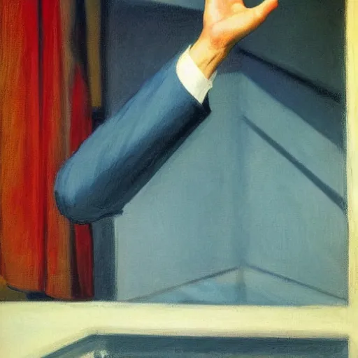 Prompt: a man waving. Hands donr by Edward Hopper.