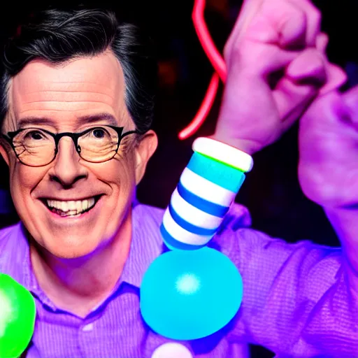 Image similar to stephen colbert at a rave, with a pacifier and glow sticks