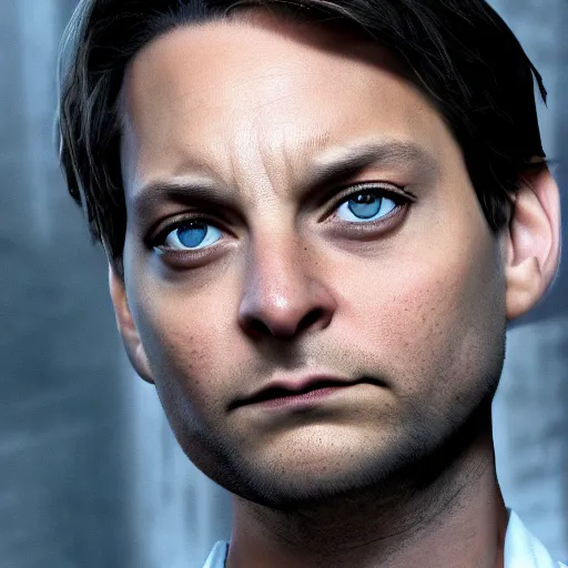 Image similar to tobey maguire looking angry, cinematic lighting