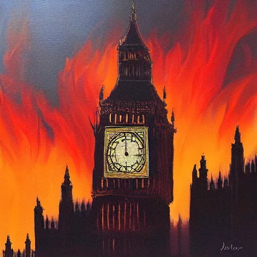 Image similar to detailed, soft, dynamic painting of the Big Ben in flames, burning, arson, professional painting, at dusk