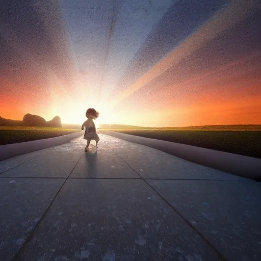 Prompt: a child walking down a liminal styled space stunning sunset in a heavenly crystallized garden of eden notan 3 d architecture single point perspective f 2 2 untra long shot wide angle lens trending on artstation