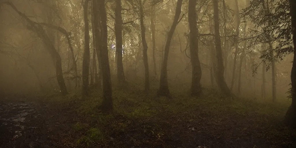 Image similar to unknown menacing slime dripping wet nightmarish!!!, hellish!!!, visceral!!!, alien!!!, creatures, staring you down, windy forested hilly trail, fog, rain, volumetric lighting, beautiful, horrific, golden hour, sharp focus, ultra detailed, cgsociety