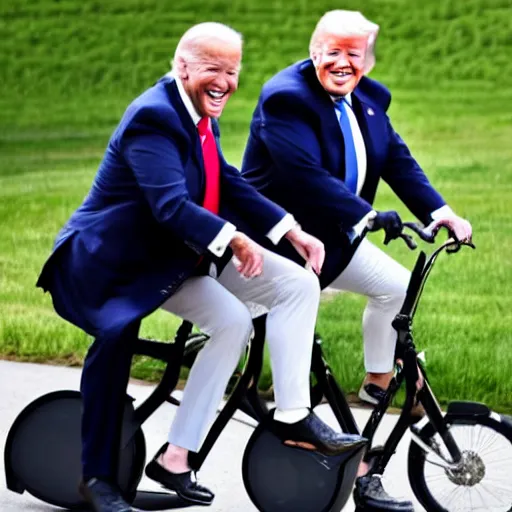 Image similar to joe biden and donald trump drunkenly riding a tandem bike together, laughing and joking,