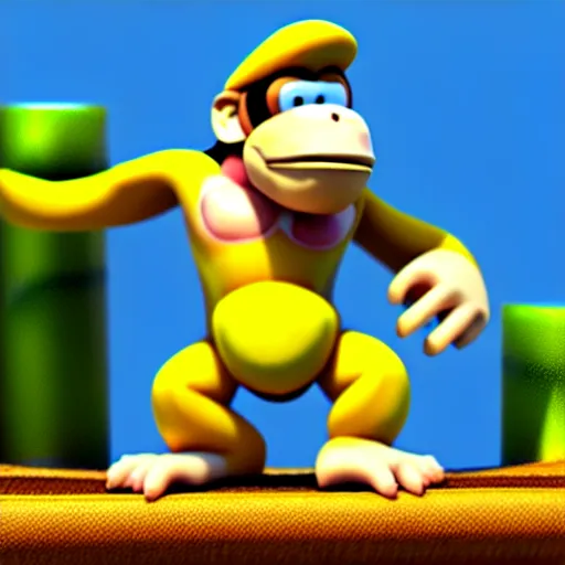 Prompt: Donkey Kong stepping on a banana, 3D render