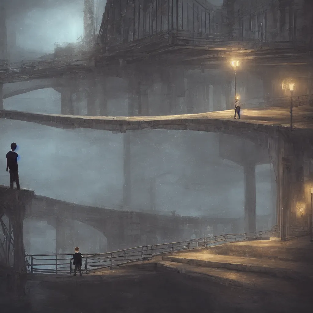 Prompt: a lonely boy in a city bridge looking to the river at night, digital painting, masterpiece, digital art, hyperrealistic, concept art, octane render, unreal engine 5, trending on deviantart, sad atmosphere, centered, anatomically correct, oil painting, low contrast, serene scenery