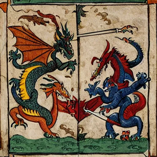 Image similar to two dragons in a castle fighting knights in the middle ages