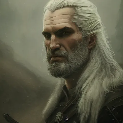 Prompt: geralt of rivia with long beard, close up, portrait, sinister atmospheric lighting. highly detailed painting by greg rutkowski, anime style