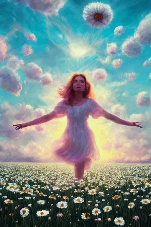 Image similar to giant white daisy flower over head, girl dancing in a flower field, surreal photography, sunrise, dramatic light, impressionist painting, colorful clouds, digital painting, artstation, simon stalenhag