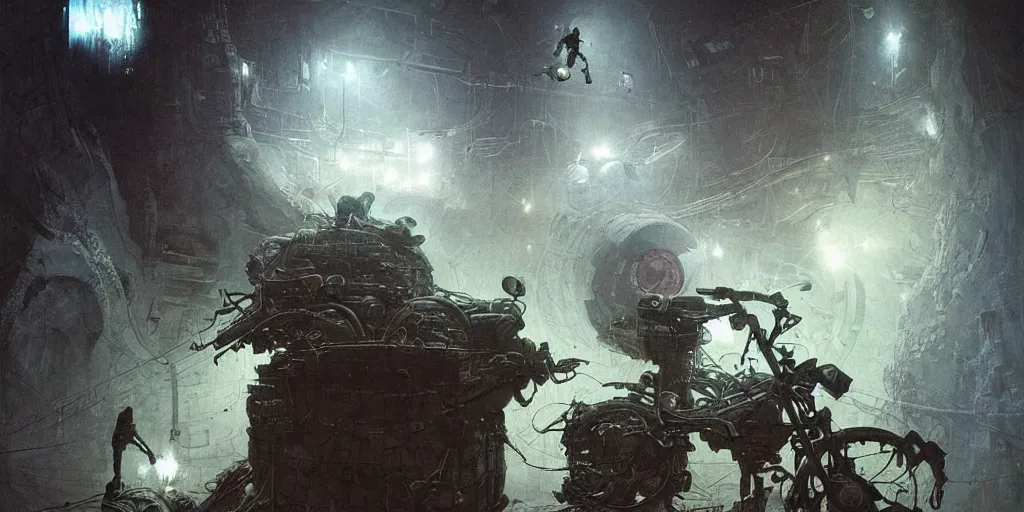 Prompt: soviet cosmonavt on old broke bike in the dirty cave, moscow metro, space travel, art by beksinski and stephan martiniere, fatal, singularity, cold, claustrophobia, steamcore, closely, japan poster, fear