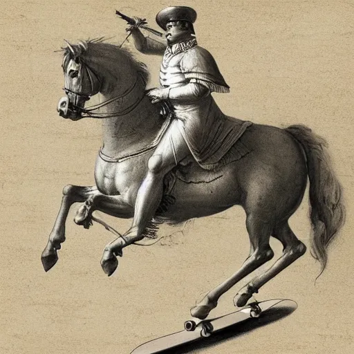 Image similar to napoleon bonaparte skateboarding, sketched by leonardo da vinci, high detail, 4 k