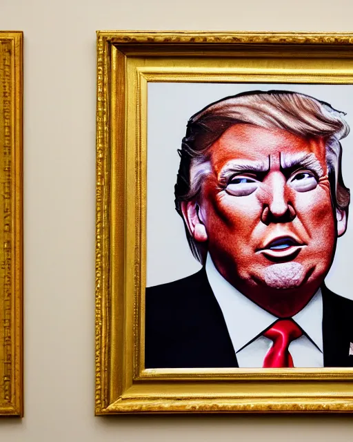 Image similar to a presidential portrait of donald trump in the style caricature artist dan springer hanging on a wall at mar - a - largo