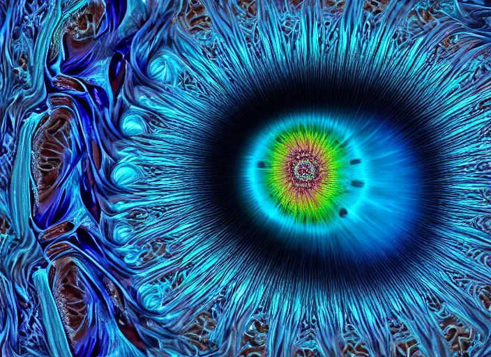 Image similar to macro photo of a eye with big blue and colorful fractal iris , detailed, photorealistic , macro photography