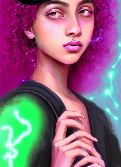 Image similar to portrait of teenage vanessa morgan with bright pink hair, black girl, curly pixie cut hair, wearing a purple breton cap, breton cap, hoop earrings, intricate, elegant, glowing lights, highly detailed, digital painting, artstation, concept art, smooth, sharp focus, illustration, art by wlop, mars ravelo and greg rutkowski