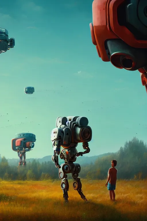 Prompt: Cheering humans waving good bye, big cyborg in the far distance, summer day, ultra hd, Painting By Simon Stalenhag, unreal 5, DAZ, hyperrealistic, octane render, dynamic lighting, intricate detail, summer vibrancy, cinematic