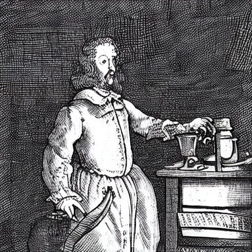 Prompt: a 17th-century alchemist who has 2 bubbling potion bottles :: black and white, head and torso drawing, very high quality, concept art