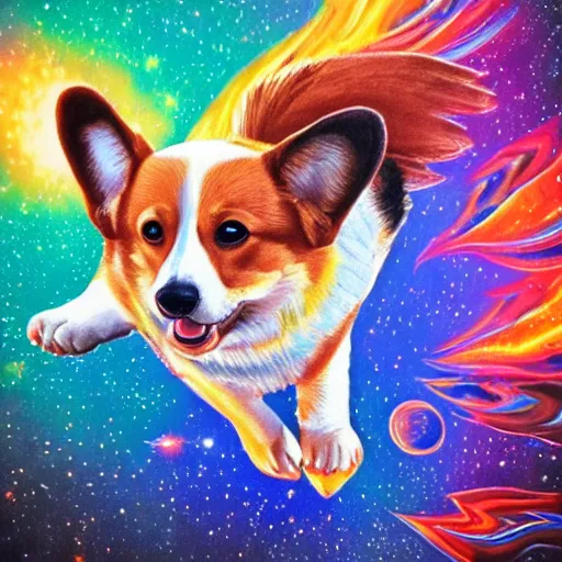 Prompt: a corgi with wings of fire flying through the galaxy, psychedelic