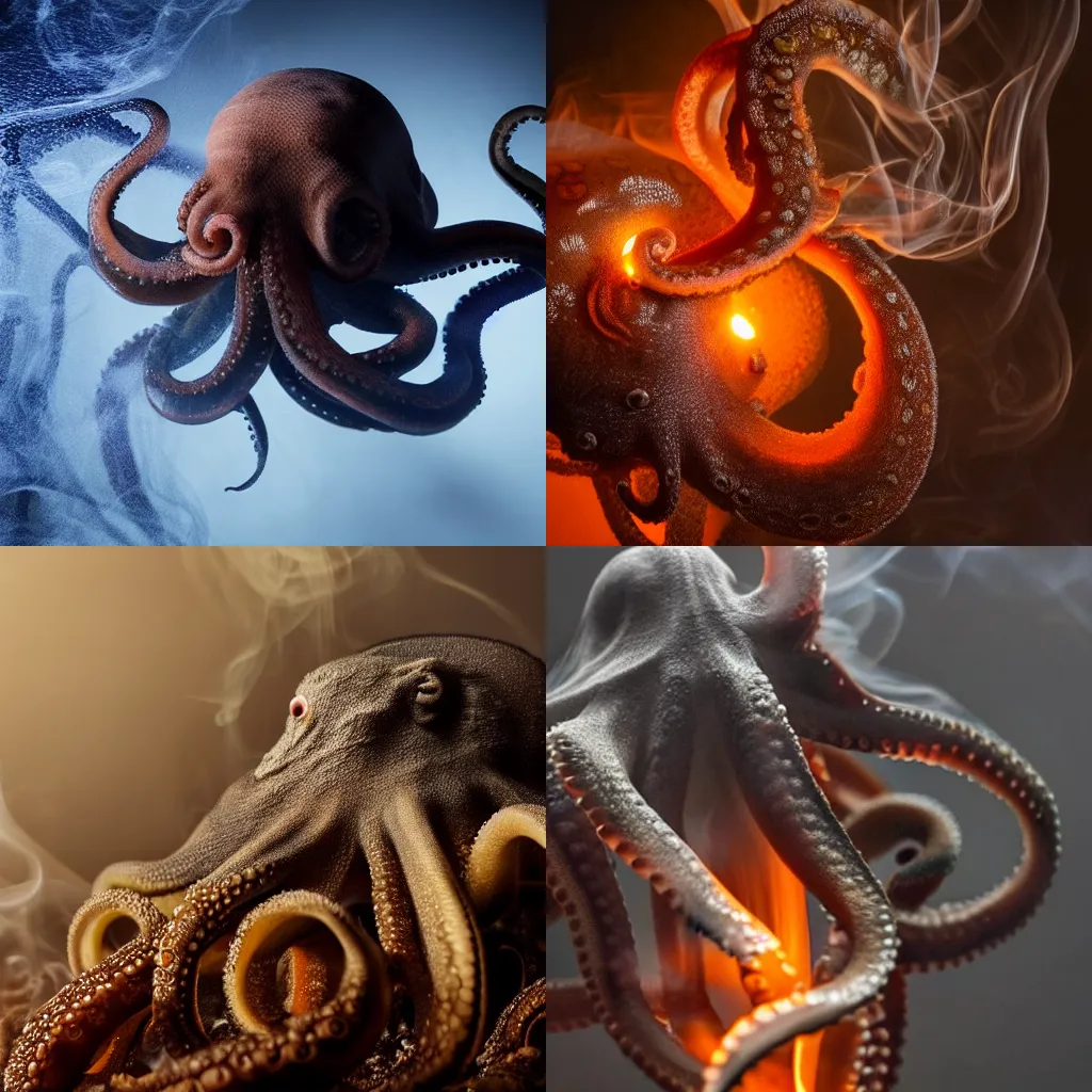 Prompt: an octopus in a smokey room smoke curling around the beak, 4k, realistic lighting, surface reflections