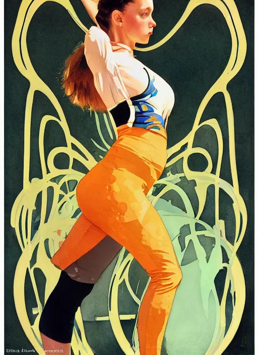 Image similar to an art nouveau copic maker poster of a girl wearing yoga clothing designed by balenciaga by john berkey and norman rockwell