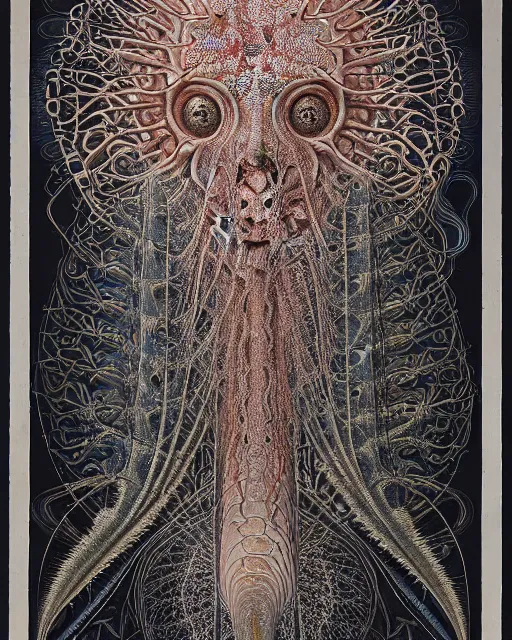 Image similar to realistic detailed underwater face portrait of the beautiful young god of the fish of the fractal waters with an intricate headgear of corals, sea kelp, sea plants, fish, starfish, jellyfish, art by ernst haeckel, zdzisław beksinski, hieronymus bosch, gothic, neo - gothic, ornamental, beautiful deep colours,