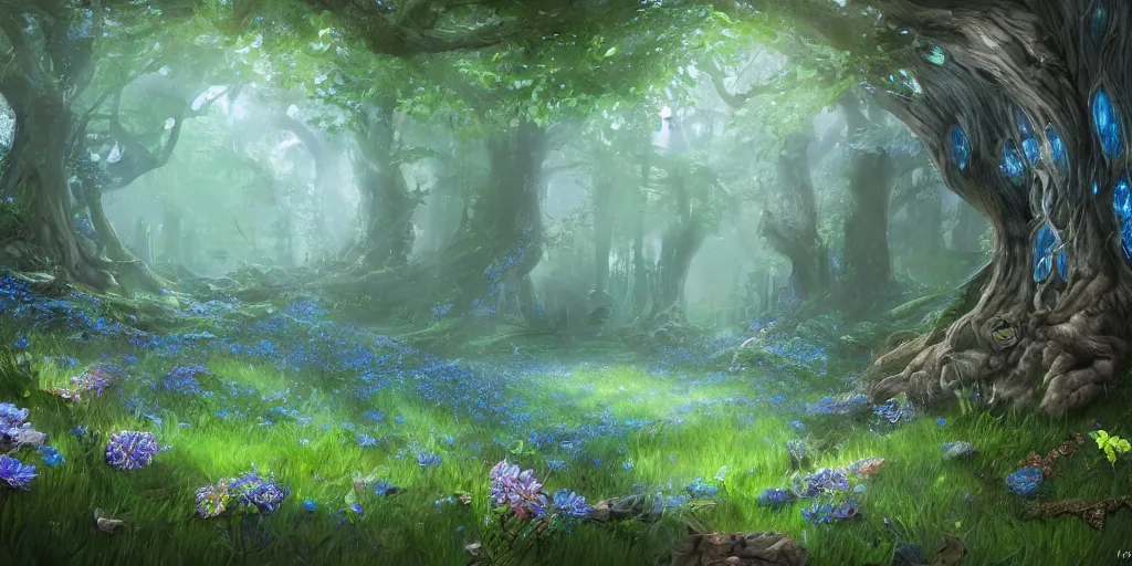 Prompt: mystical old wood forest, blue crystal shards embedded in the trees, canopy filtered dappled light, lush grass and flowers, dragon curled up sleeping, fantasy digital art, trending on artstation