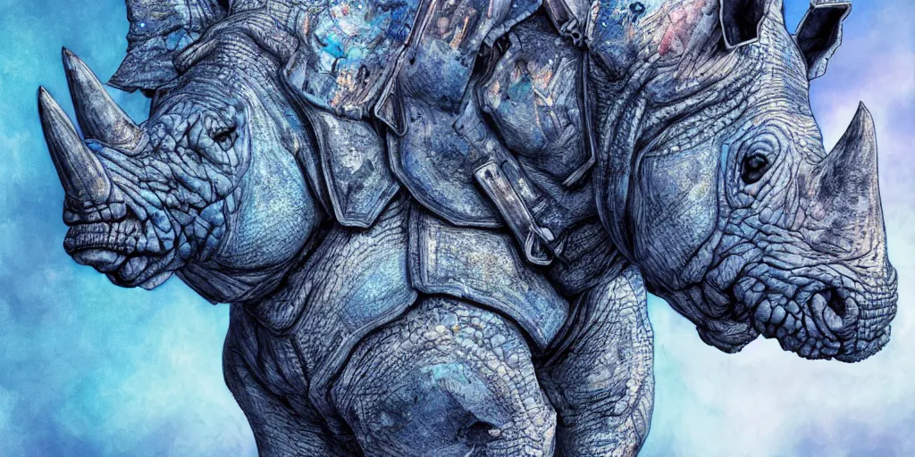 Image similar to hyperrealistic mixed media portrait of a blue Rhinoceros wearing paladin armor, forward angle, stunning 3d render inspired art by P. Craig Russell and Barry Windsor-Smith + perfect facial symmetry + dim volumetric lighting, 8k octane beautifully detailed render, post-processing, extremely hyperdetailed, intricate complexity, epic composition, grim yet sparkling atmosphere, cinematic lighting + masterpiece, trending on artstation