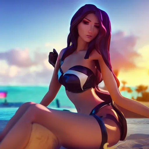 Image similar to beautiful render of pool party Caitlyn (league of legends) looking at the horizon in a hawaii beach, 3d, octane render, realistic, highly detailed, trending on artstation