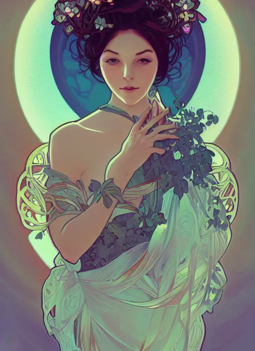 Image similar to Nature Goddess, ambient lighting, 4k, alphonse mucha, lois van baarle, ilya kuvshinov, rossdraws, artstation