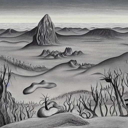 Image similar to A Surreal Landscape by Charles Addams