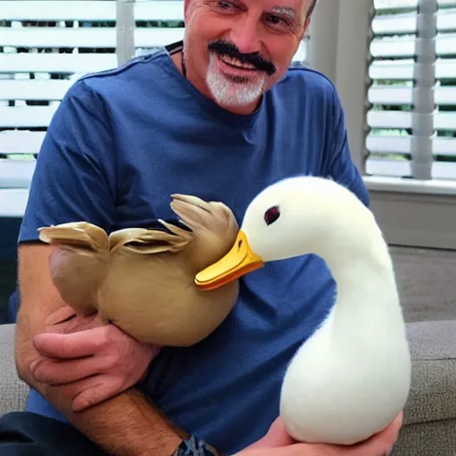 Image similar to doctor phil, holding a white duck