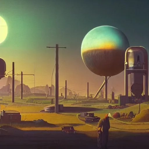 Prompt: An atom punk city with the moon shining through the clouds in utopia by Simon Stålenhag and Grant Wood,In style of 80s sci fi art.hyper detailed,4K,unreal engine 5,Ray Tracing,highly realistic.trending on Artstation