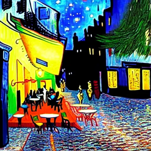 Image similar to Photo of Cyberpunk Cafe Terrace at night by Vincent Van Gogh in real life