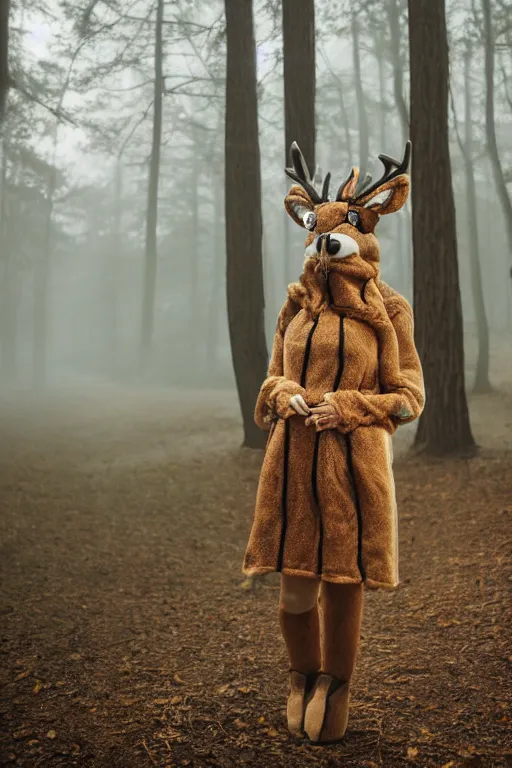 Prompt: photo of a woman in a realistic deer costume, in the morning, in a forest, fog, ambient light